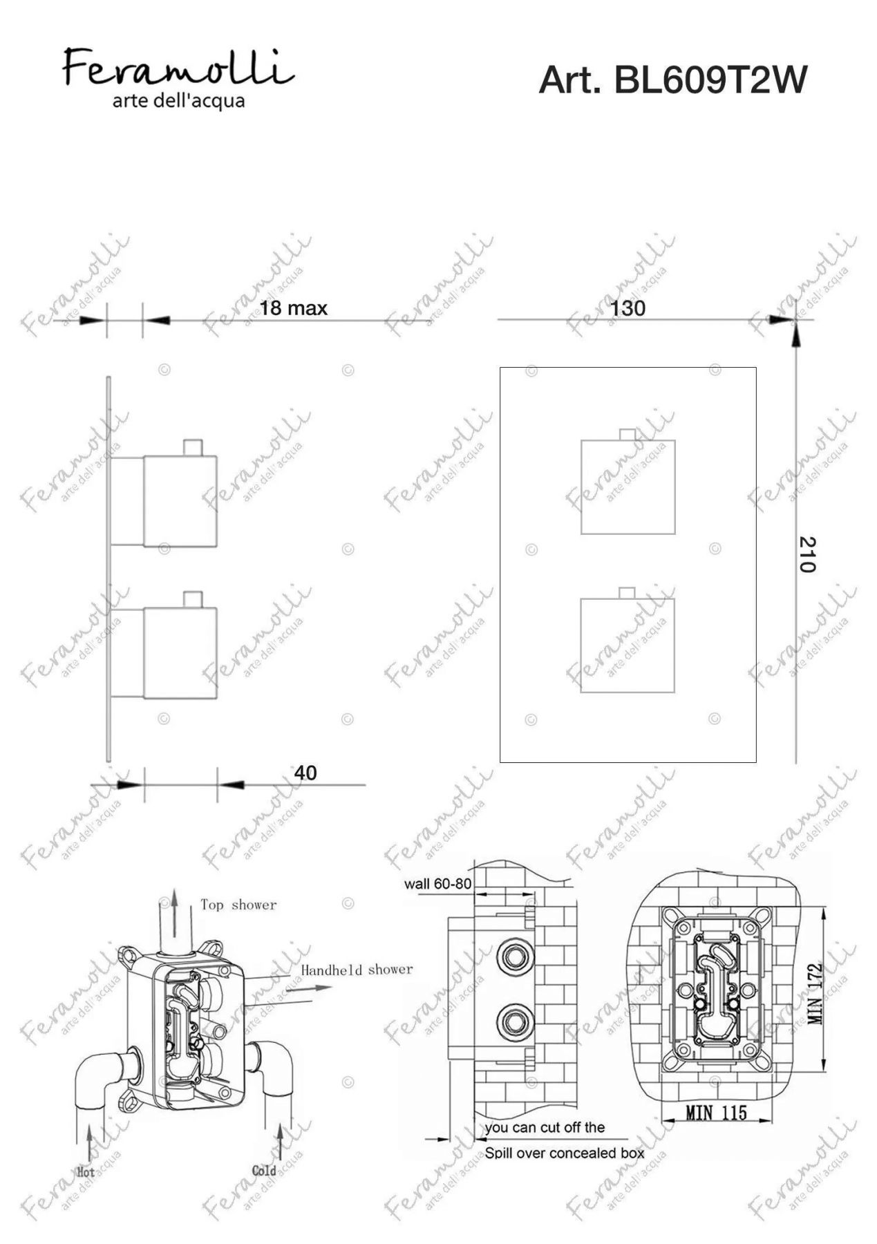 Термостатический смеситель скрытого монтажа на 2 потока Feramolli BL609T2W, черный схема 2