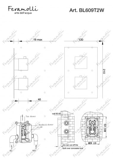 Термостатический смеситель скрытого монтажа на 2 потока Feramolli BL609T2W, черный ФОТО