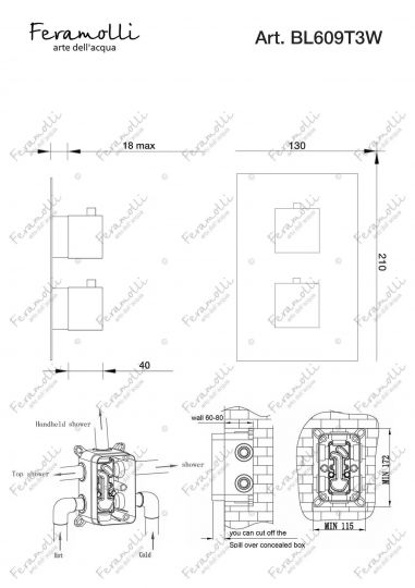 Термостатический смеситель скрытого монтажа на 3 потока Feramolli BL609T3W, черный ФОТО