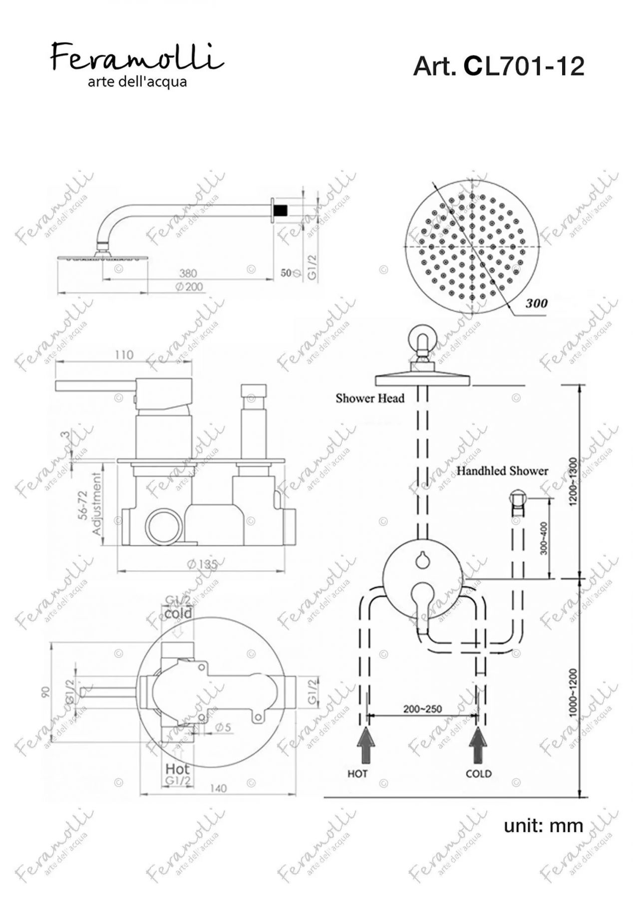 Душевая система Feramolli CL701-12 (30см.), хром схема 2