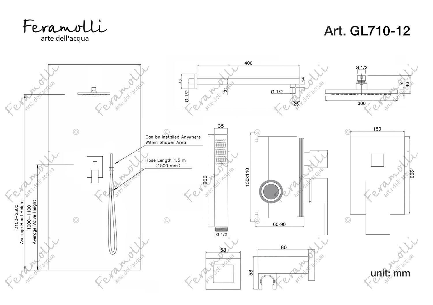 Душевая система Feramolli GL710-12 (30см.), золото схема 2