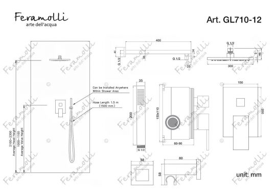 Душевая система Feramolli GL710-12 (30см.), золото ФОТО