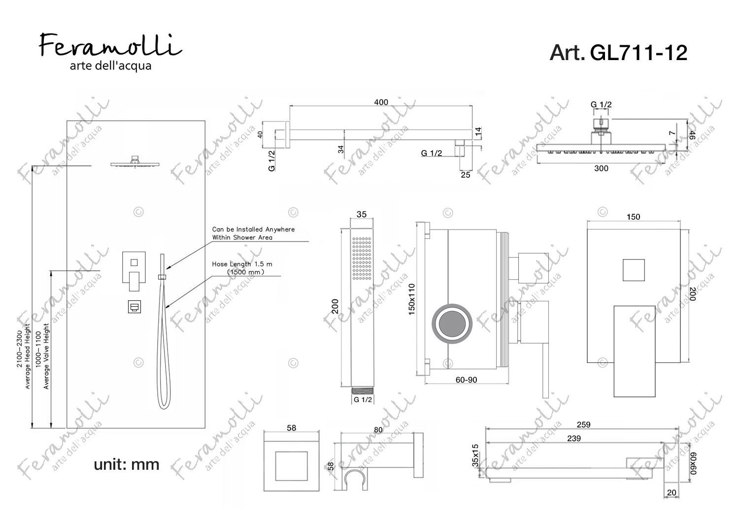 Душевая система Feramolli GL711-12 (30см.), золото схема 2