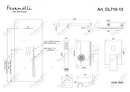 Душевая система Feramolli CL710-12 (30см.), хром схема 2