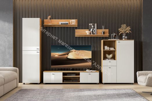 Тумба телевидеоаппаратура со створками и нишей Милан Дуб Золотой/Белый Матовый