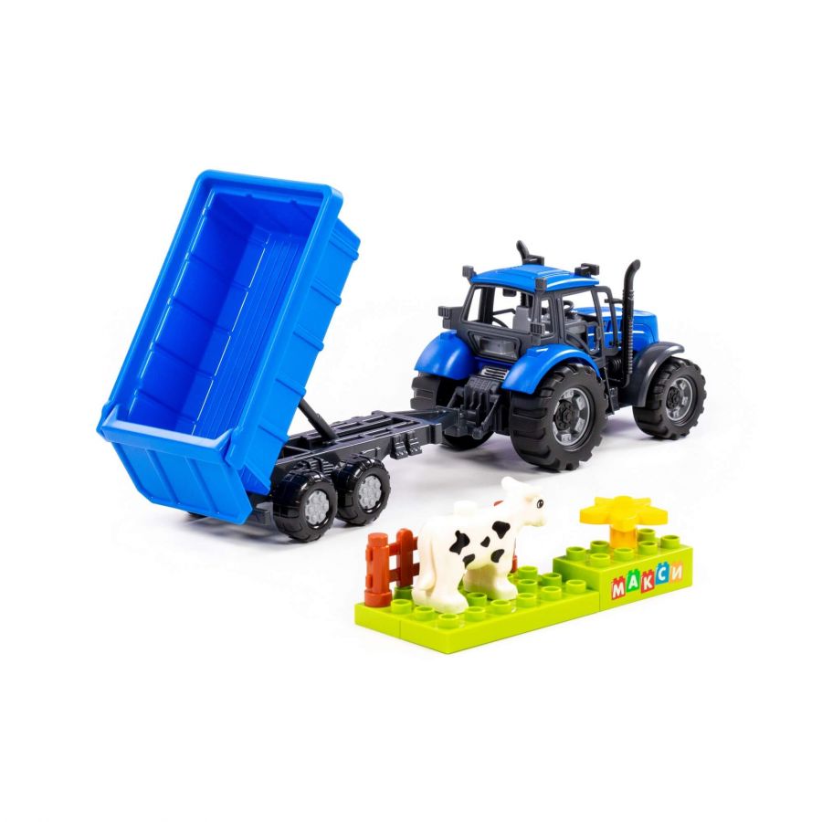 Трактор "Прогресс" с прицепом инерционный (синий) + конструктор "Макси" (6 элементов) (в коробке)