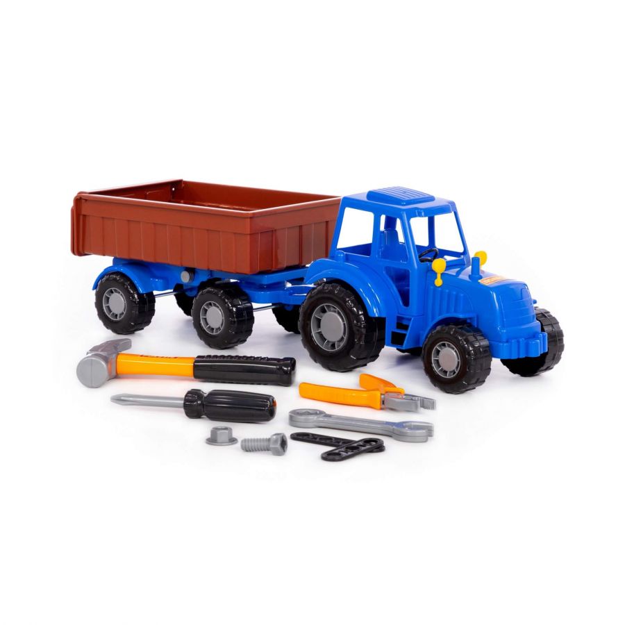 Трактор "Алтай" (синий) с прицепом №1 + набор инструментов (8 элементов) (в сеточке)