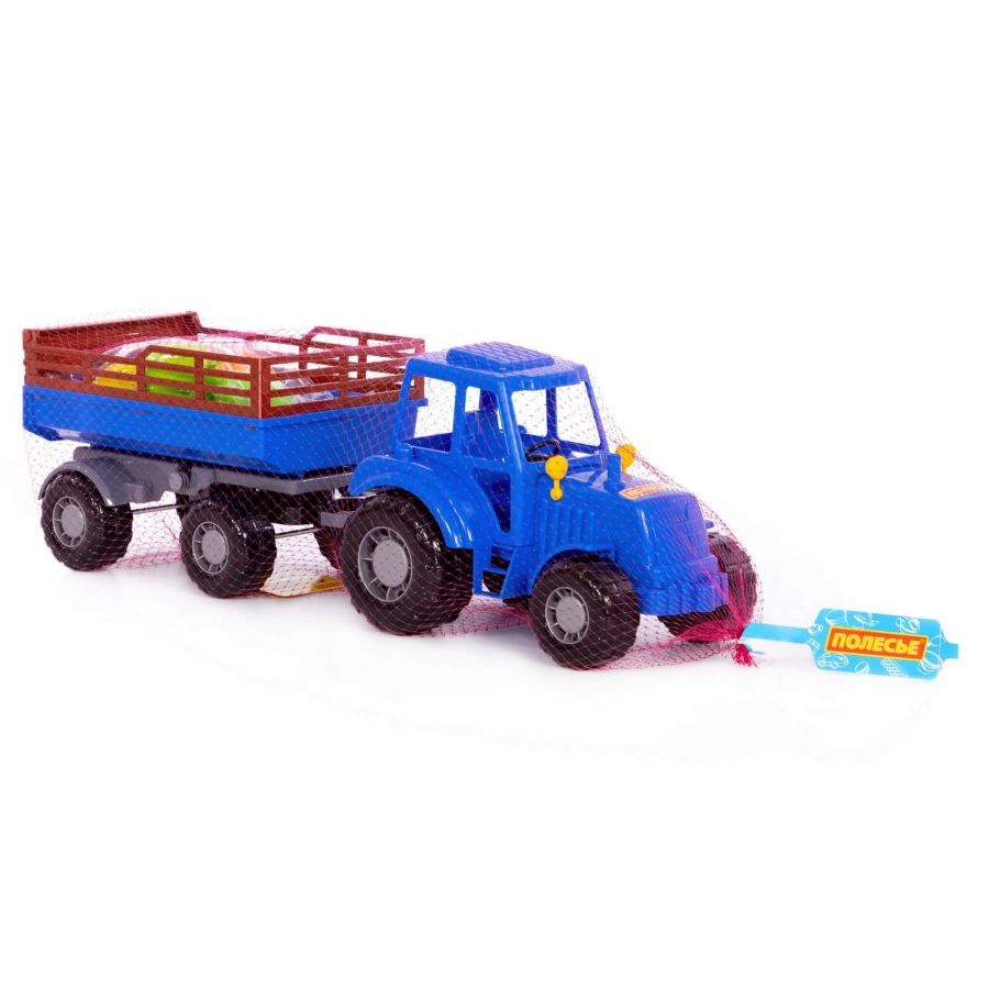 Трактор "Алтай" (синий) с прицепом №2 + набор продуктов (5 элементов) (в сеточке)