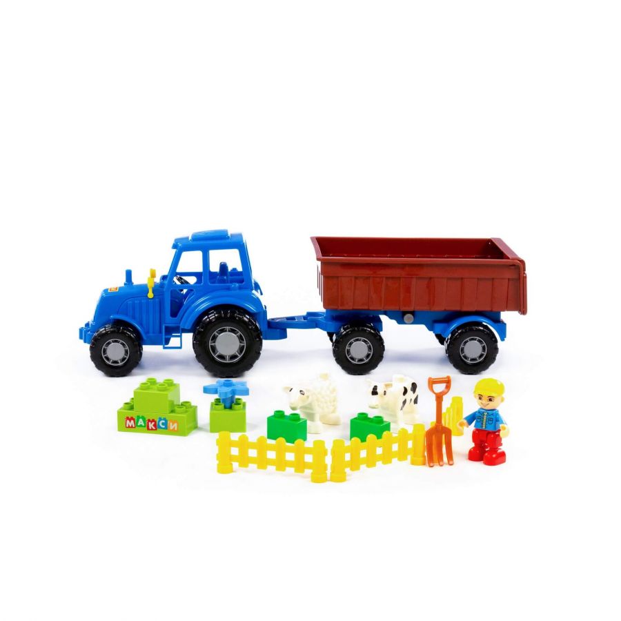 Трактор "Мастер" (синий) с прицепом №1 + конструктор "Макси" (13 элементов) (в сеточке)