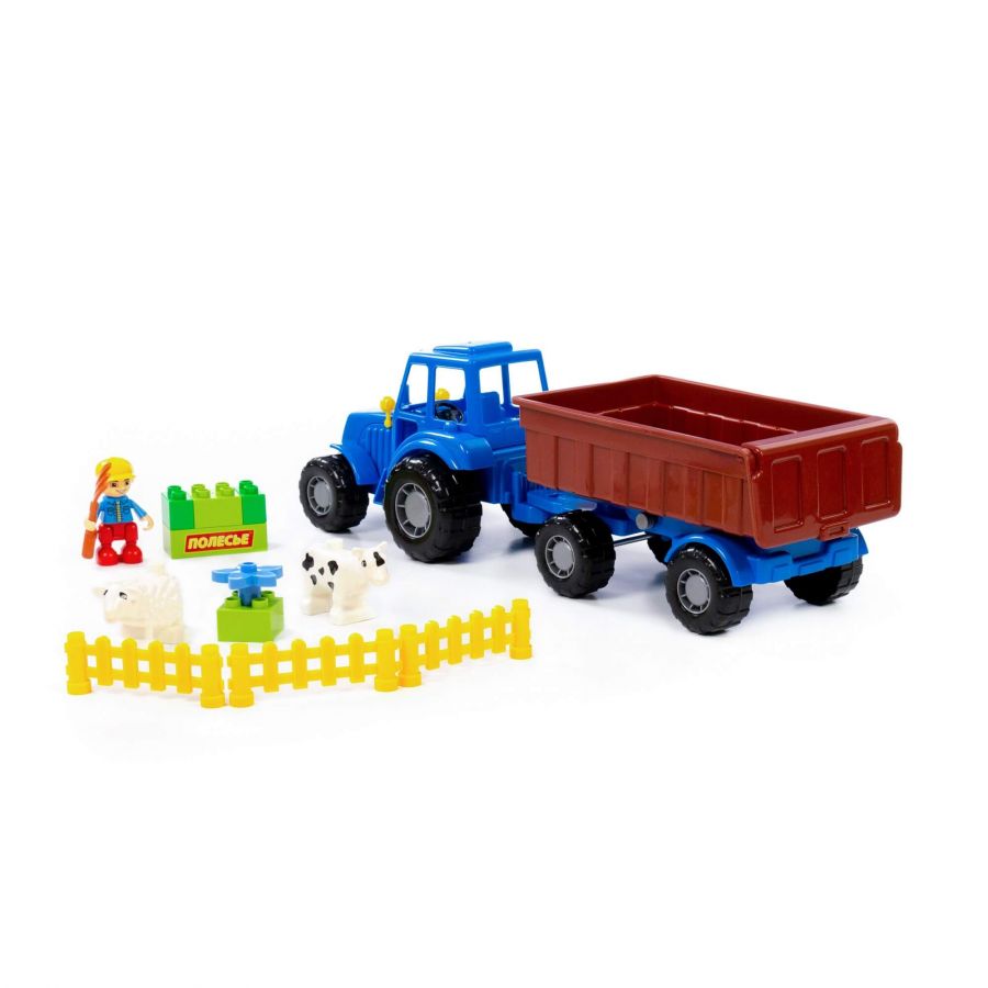 Трактор "Мастер" (синий) с прицепом №1 + конструктор "Макси" (13 элементов) (в сеточке)