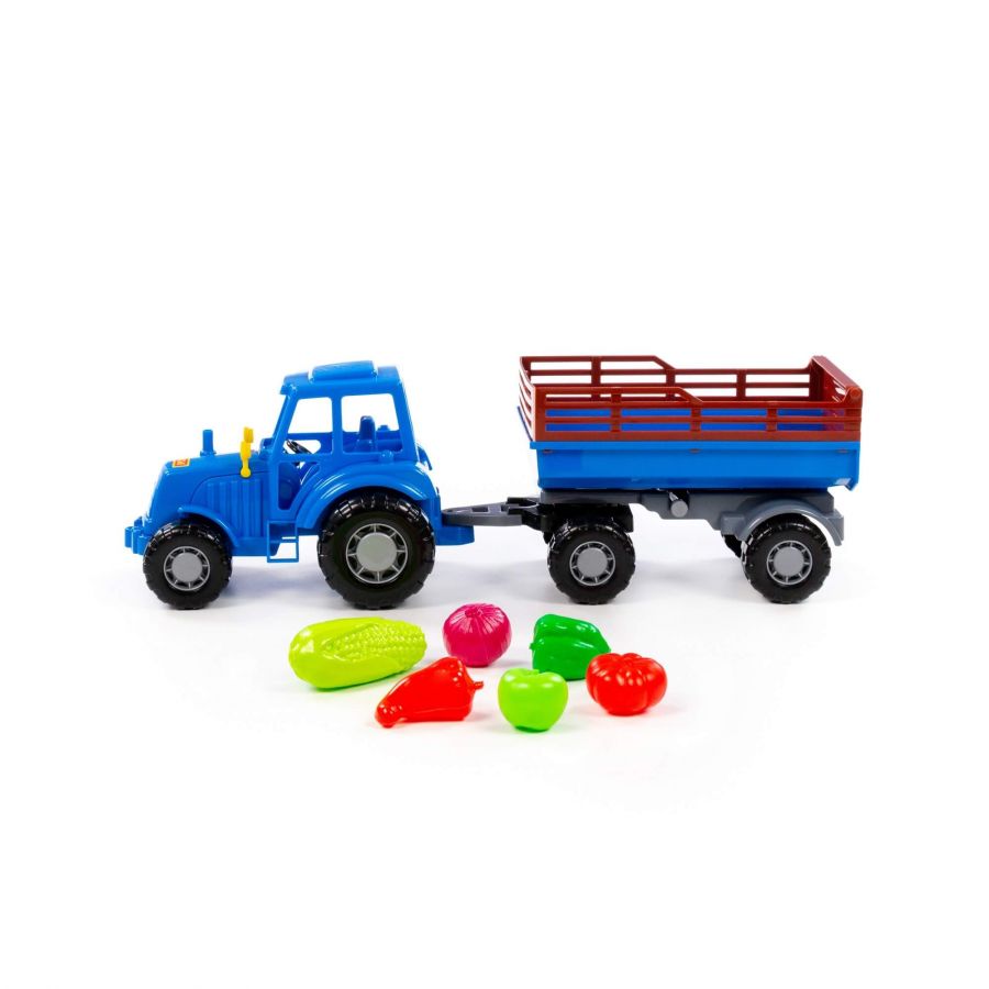 Трактор "Мастер" (синий) с прицепом №2 + набор продуктов (6 элементов) (в сеточке)