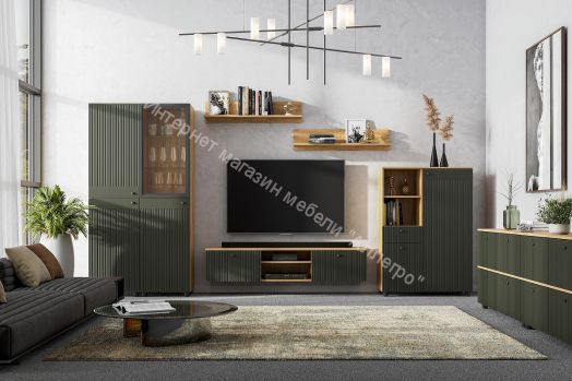 Пенал со стеклом Милан Дуб Золотой/Чёрный/Олива Софт