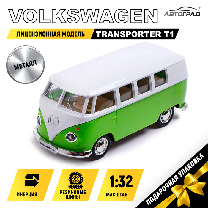 Машина металлическая VOLKSWAGEN TRANSPORTER T1, 1:32, открываются двери, инерция, цвет зелёный