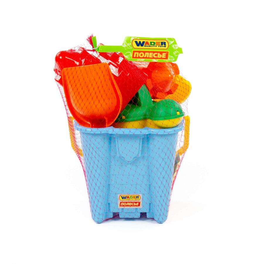 Набор №553: ведро-замок большое №2, лопатка №5, грабельки №5, формочки (замок башня + замок квадратный), лейка №10