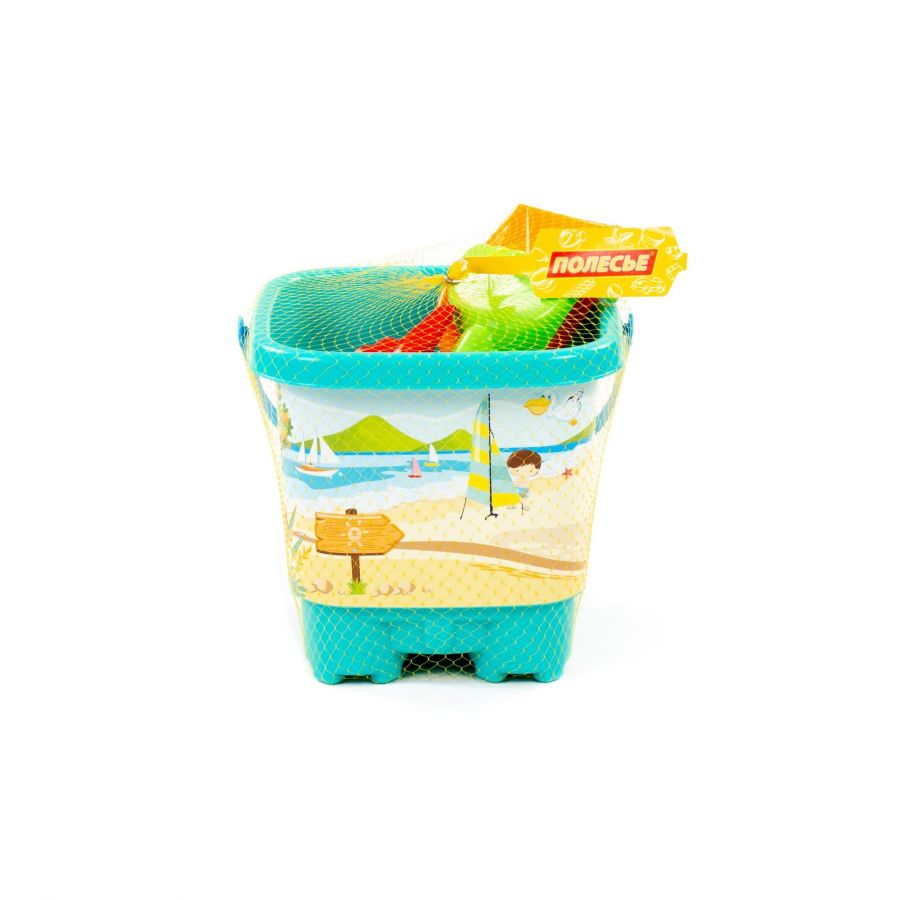 Набор №595: ведро-замок большое с наклейкой, лопата №6, грабли №6, формочки (динозавр №1 + динозавр №2 + ладошка + ножка)