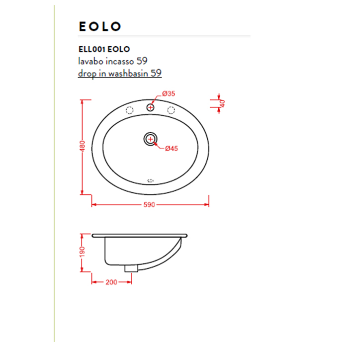 Раковина Artceram Eolo ELL001 59х48 схема 2