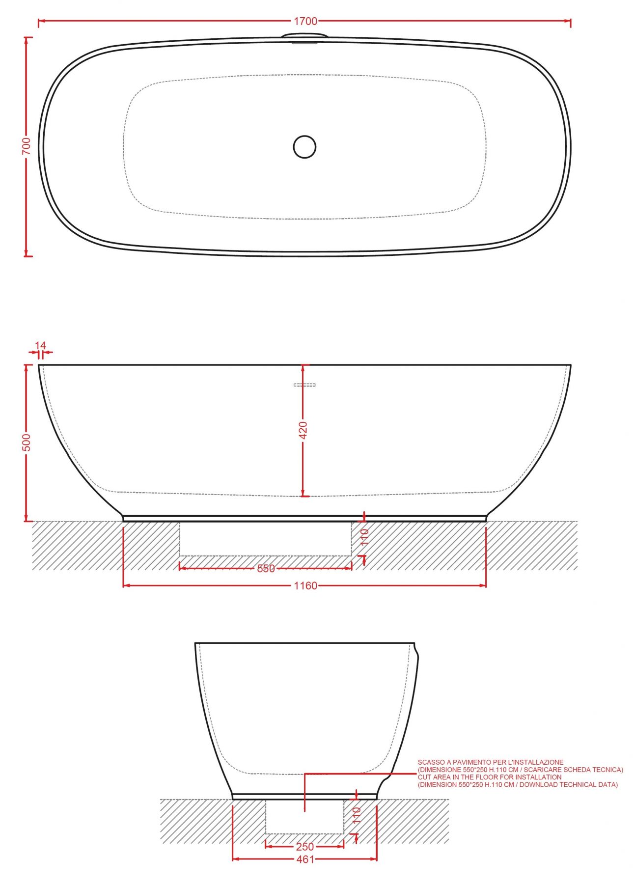 Отдельностоящая ванна Art Ceram HOOP ACW002 схема 2