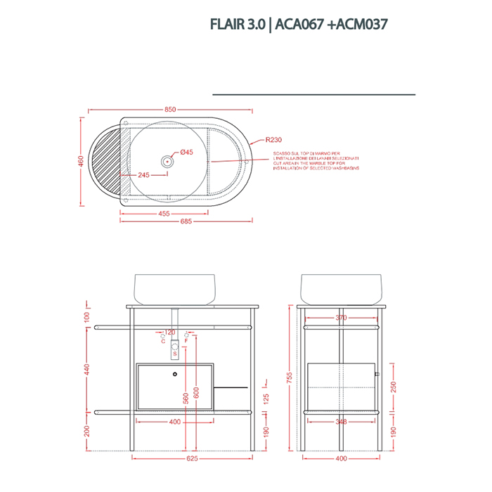 Консоль Artceram Flair 3.0 для столешницы 85x46х75 см ACA067 схема 2