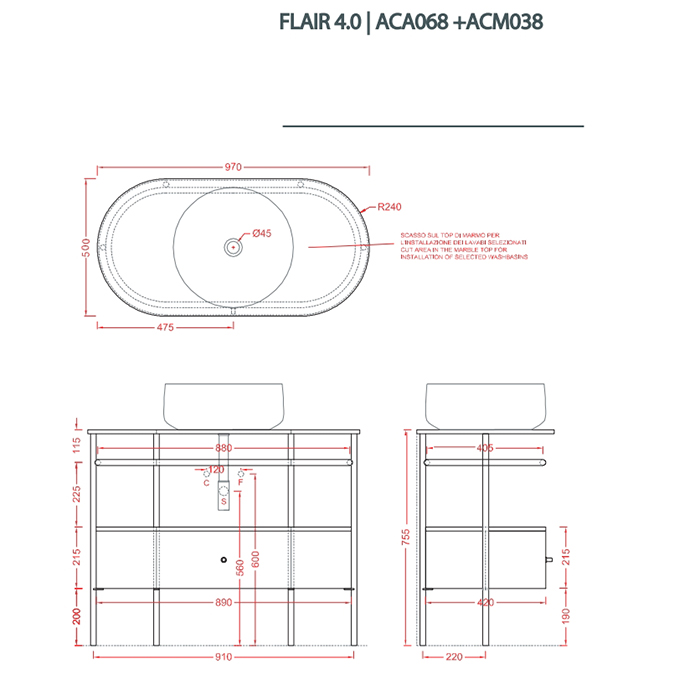 Консоль напольная Artceram Flair 3.0 для столешницы 85x46х75 см ACA067 схема 4