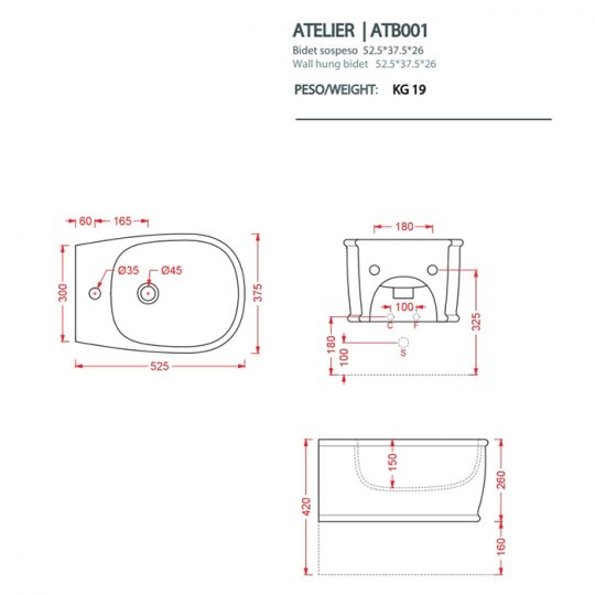 Биде подвесное Artceram Atelier 370х520 мм ATB001 ФОТО