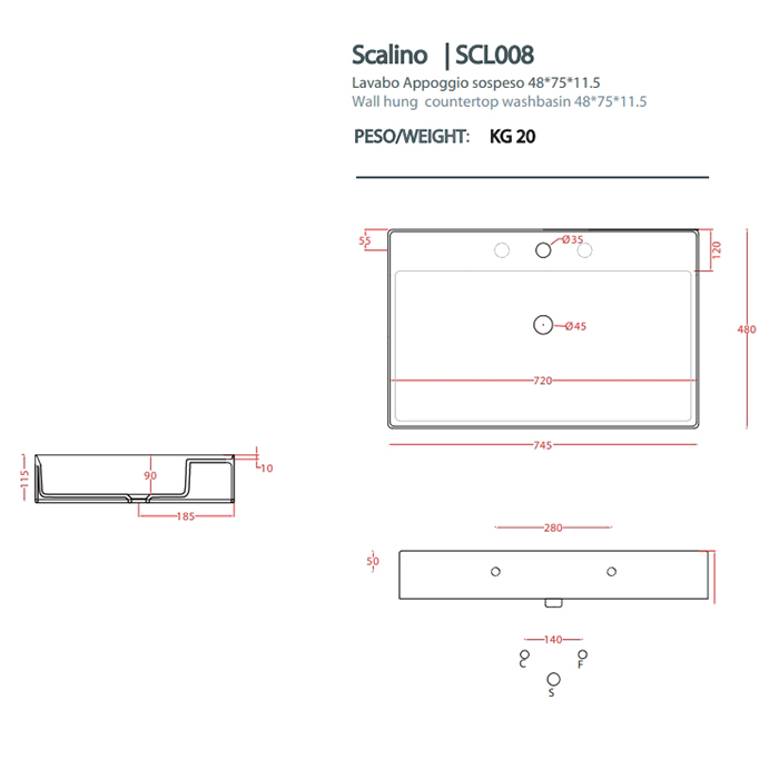 Раковина Artceram Scalino 750х480 мм накладная отверстие для смесителя без перелива SCL008 схема 2