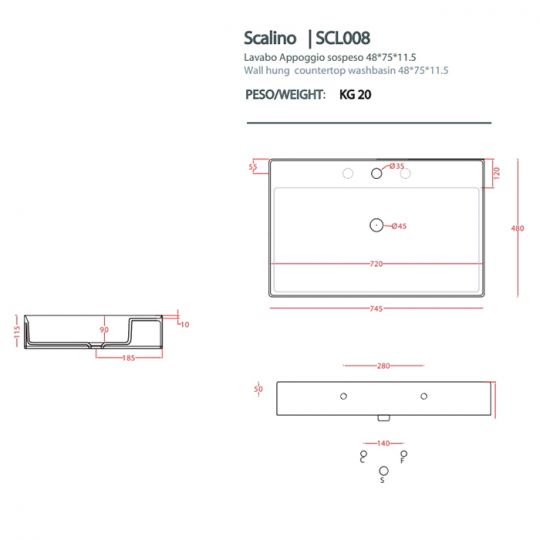 Раковина Artceram Scalino 750х480 мм накладная отверстие для смесителя без перелива SCL008 ФОТО