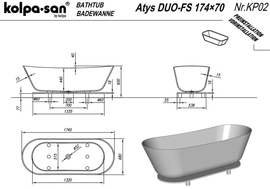 Отдельностоящая ванна Kolpa San Atys Duo FS (Атис Дуо ФС) 174x70 ФОТО