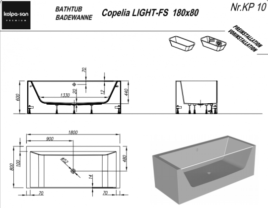 Отдельностоящая ванна Kolpa San Copelia Light FS (Копелиа Лайт ФС) 180x80 со стеклянной стенкой ФОТО