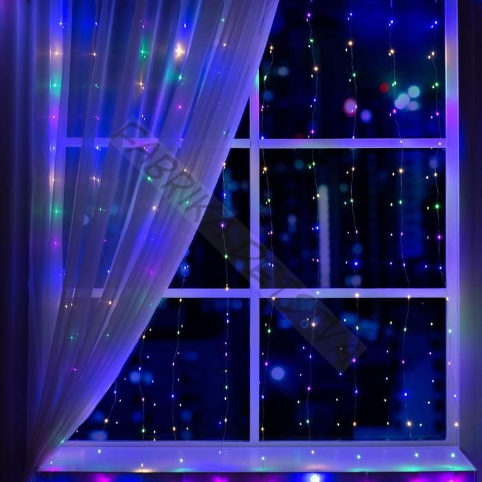 Гирлянда «Занавес» 2 x 2 м роса, IP20, серебристая нить, 300 LED, свечение мульти, 12 В