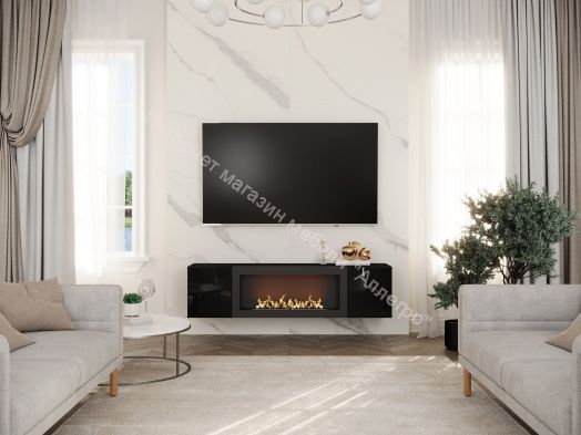 Шкаф навесной POINT ТИП-28 SBK с биокамином Чёрный/Чёрный глянец