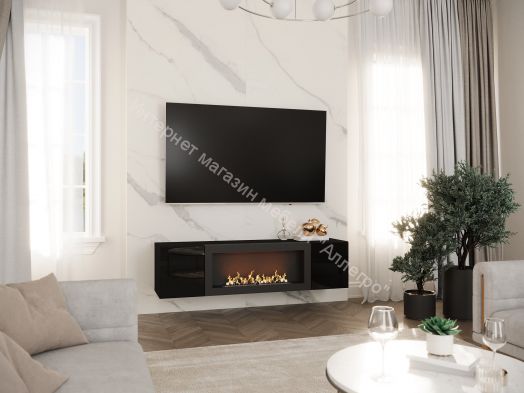 Шкаф навесной POINT ТИП-28 SBK с биокамином Чёрный/Чёрный глянец