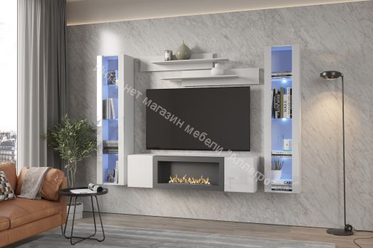 Шкаф навесной POINT ТИП-28 SBK с биокамином Белый глянец/Белый матовый