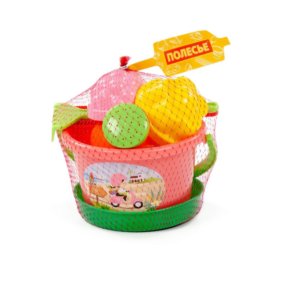 Набор №204: ведро среднее, ситечко, лопатка, грабельки, 2 формочки, лейка малая №4