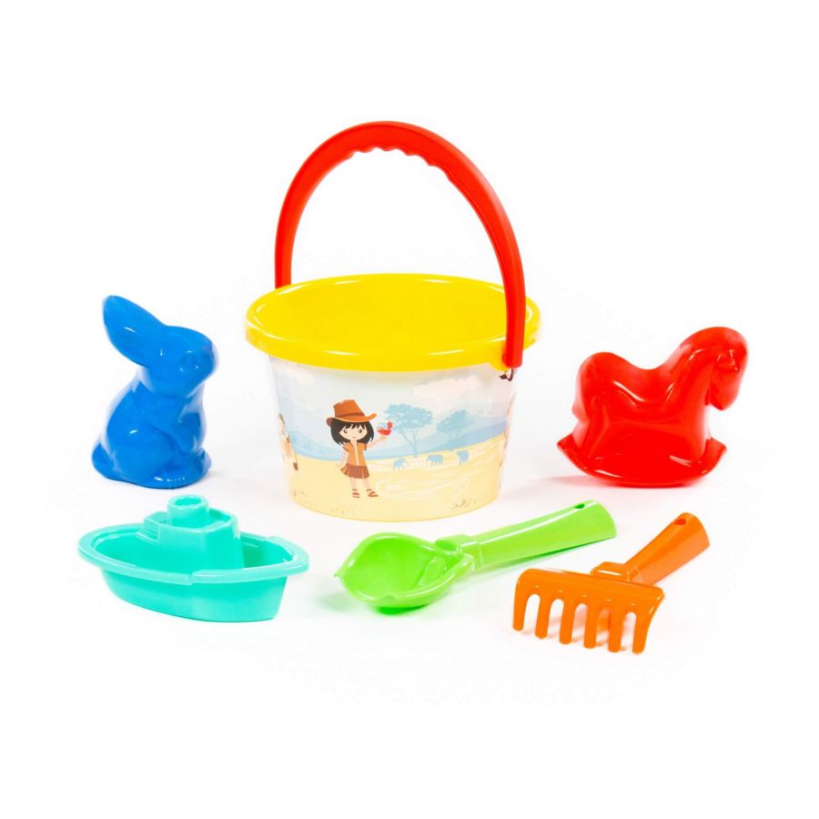 Набор №251: ведро среднее с наклейкой, совок №2, грабельки №2, формочки (заяц + лошадка), кораблик "Юнга"