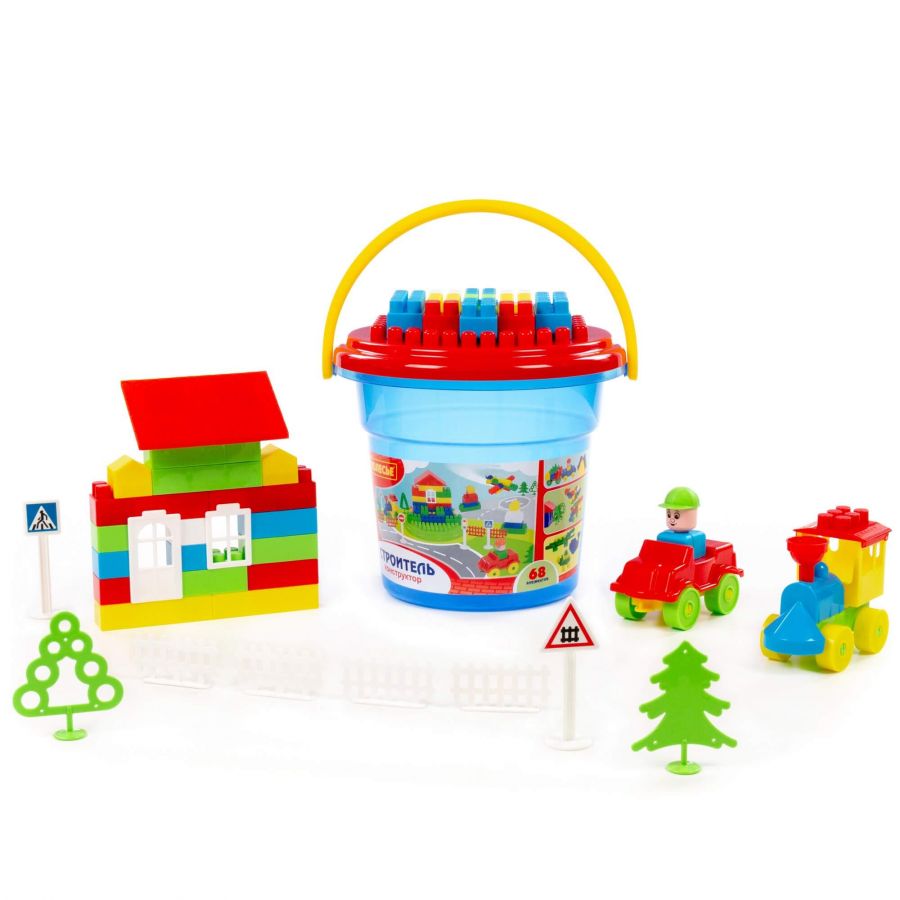 Конструктор "Строитель" (68 элементов) (в ведре синем "Макси" с крышкой)