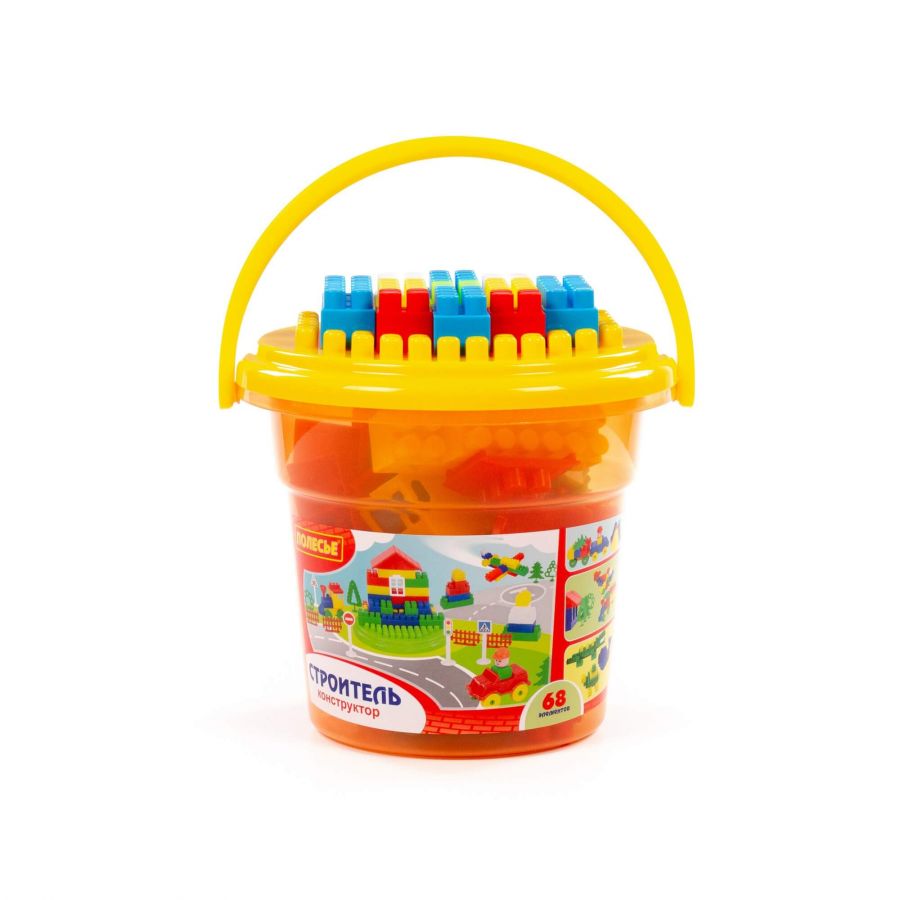 Конструктор "Строитель" (68 элементов) (в ведре оранжевом "Макси" с крышкой)