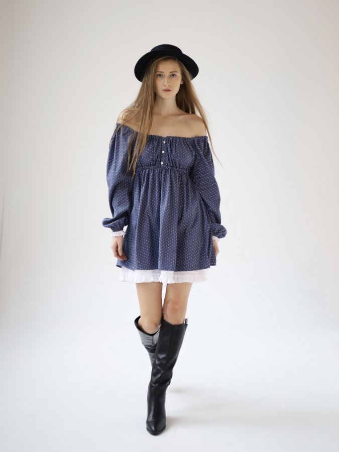 Платье Babydoll джинс в горошек