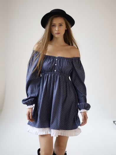 Платье Babydoll джинс в горошек