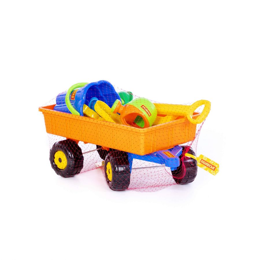 Набор №382: тележка "Дачная", ведро-цветок большое, ситечко-цветок большое, лопата большая №2, формочки 4 шт, лейка малая №4