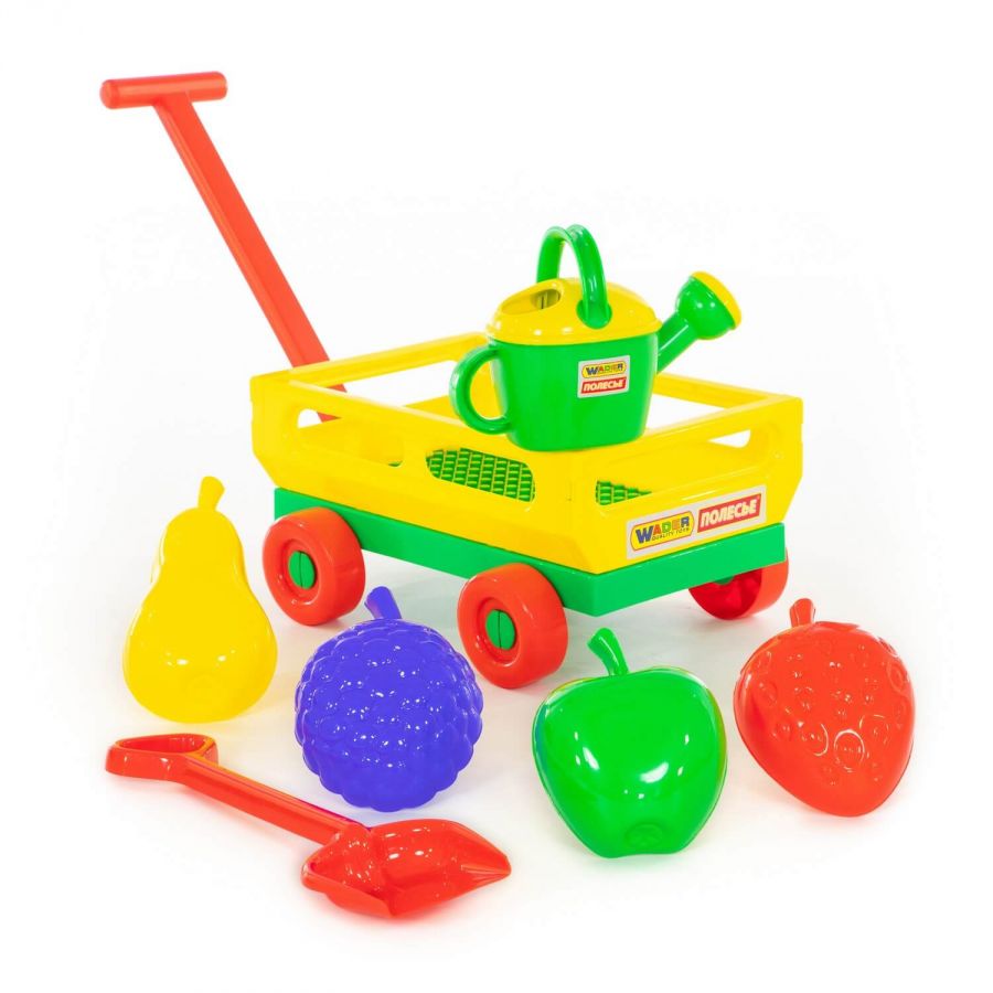 Набор №483: тележка с ручкой №2, лопата средняя, формочки "Фрукты" большие 4 шт, лейка №8