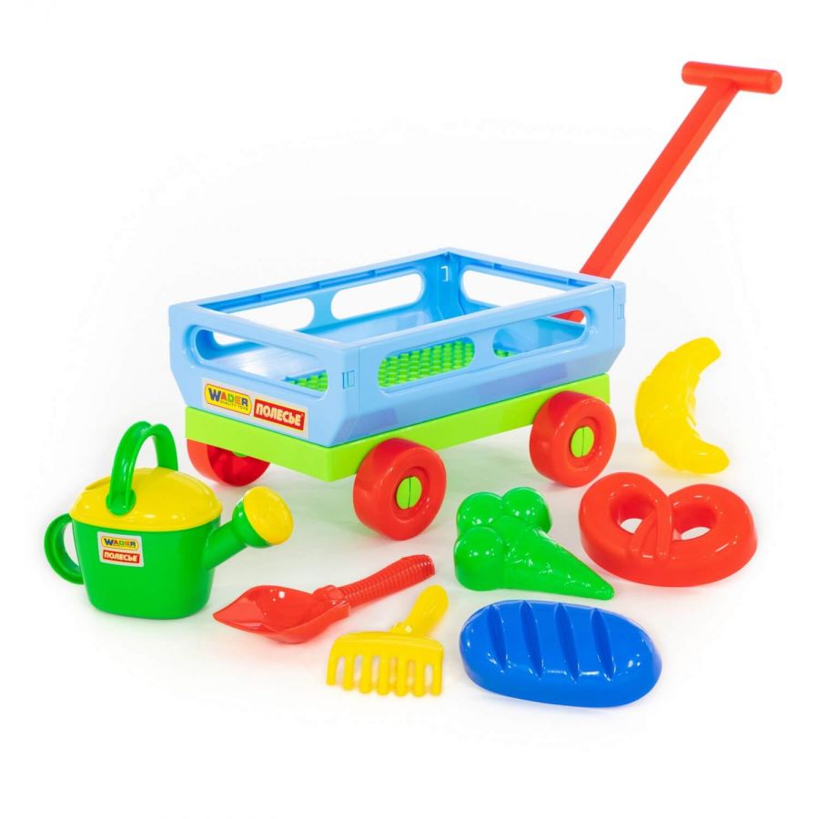 Набор №484: тележка с ручкой №2, лопата №6, грабли №6, формочки (мороженое + пирожок + крендель + рогалик), лейка №8