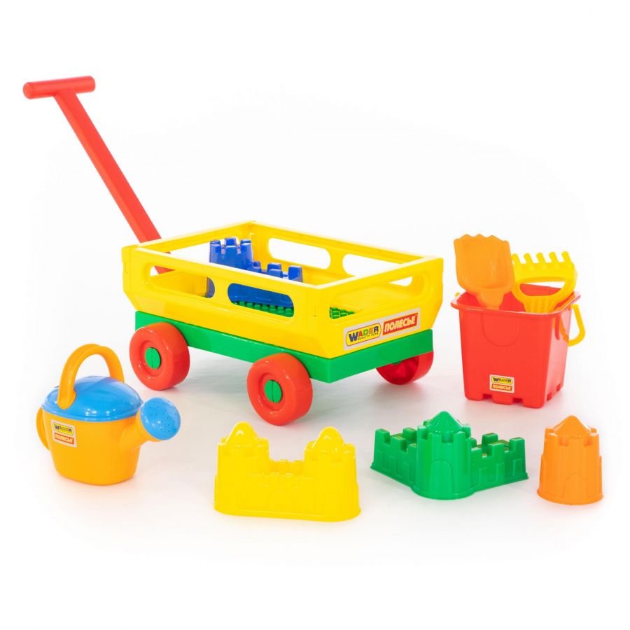 Набор №493: тележка с ручкой №2, ведро-крепость большое, совок №8, грабельки №8, формочки 4 шт, лейка №8