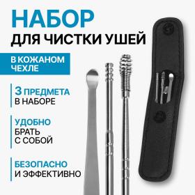 Набор для чистки ушей, 3 предмета, 9 ? 2,8 ? 1,3 см, в футляре, цвет серебристый