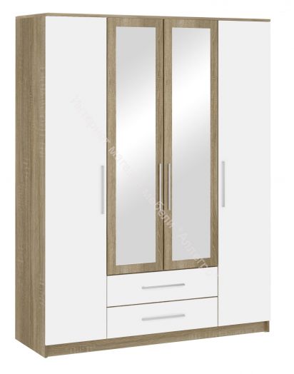 Шкаф 4-х дверный с зеркалом БЛАНКА Дуб Сонома/Белый глянец