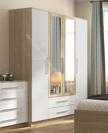 Шкаф 4-х дверный с зеркалом БЛАНКА Дуб Сонома/Белый глянец