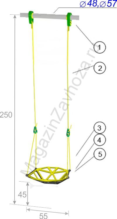 Качели одиночные на веревочной системе высотой 250 см с креплением на трубу