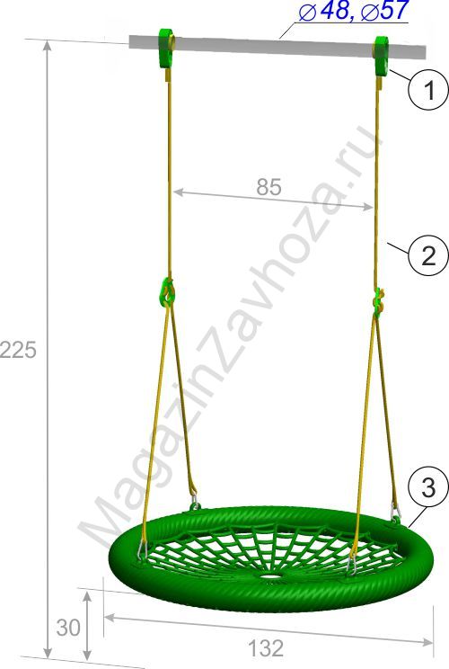 Качели-гнездо 132 см на веревочной системе высотой до 225 см с креплением на трубу