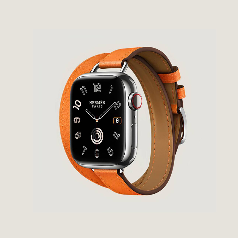 Часы Apple Watch Hermès Series 9 GPS + Cellular 41mm Silver Stainless Steel Case with Orange Swift Leather Attelage Double Tour