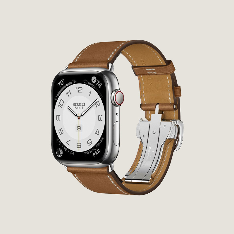 Часы Apple Watch Hermès Series 9 GPS + Cellular 45mm Silver Stainless Steel Case with Fauve Barénia Leather Single Tour Deployment Buckle