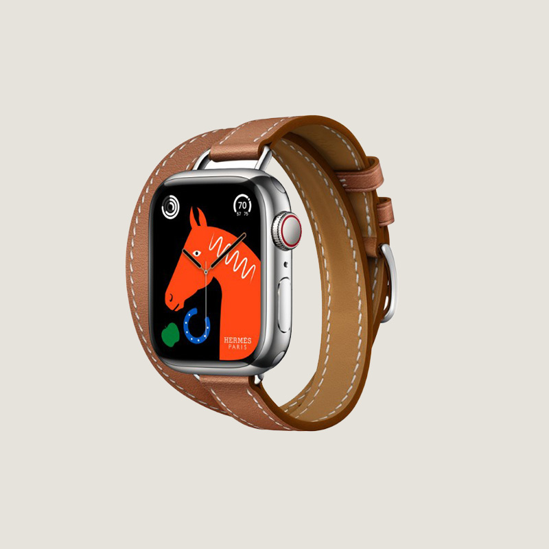 Часы Apple Watch Hermès Series 9 GPS + Cellular 41mm Silver Stainless Steel Case with Gold Swift Leather Attelage Double Tour